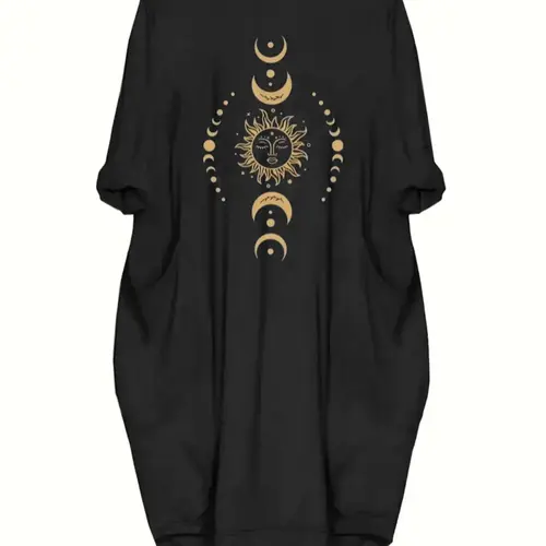 Plus Size Moon & Sun Print Asymmetrical Hem Statement Graphic Dress, Boho Fit Dress, Casual Boho Fashion, Boho Style Clothes, Casual Long Sleeve Round Neck Dress for Summer, Women's Plus Clothing for Daily Wear, Womenswear