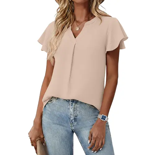Lepunuo Womens Spring Tops Summer Dressy Casual Cute V Neck Ruffle Sleeve Blouses Flowy Shirts
