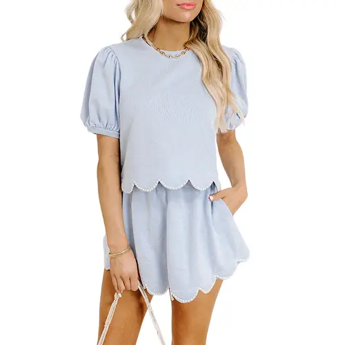 Mntaor Women's Pearl-Embellished 2-Piece Skort Set - Chic Puff Sleeves, Scallop Trim, Ideal for Beach Days, Brunch Dates
