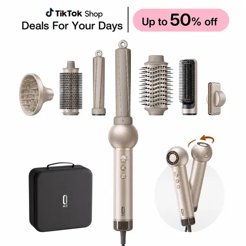 7 in 1 High-Speed Lollipop Air Styler, Automatic Hair Curler & Hot Air Brush Set with Detachable Heads, Blow Dryer, Curling, Straightening, Volumizing, Negative Ion Hair Styler for All Hair Types (Gold),Holiday Gift,DealsForYouDays
