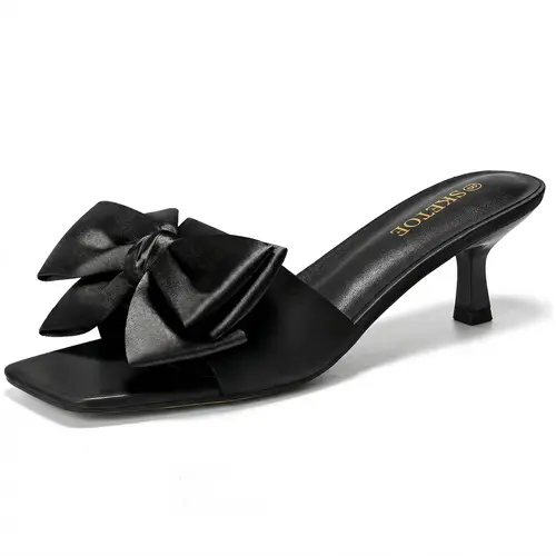 Women’s Kitten Heel Sandals with Bow – Square Open Toe Mule Heels, Slip-On Summer Slides. Comfortable & Elegant Heels for Wedding, Bridal, School Opening Ceremony, or Party. Cute Casual Summer Dress Sandals for Cocktail Parties & Daily Wear  Footwear