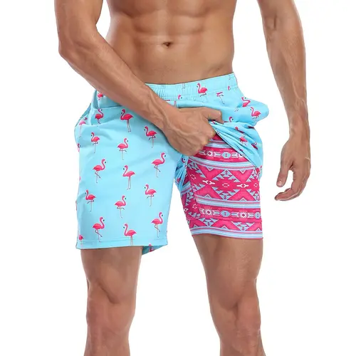 Mens Printed 7" Inseam Swim Trunks with Compression Liner Swimming Shorts,Beach Quick Dry Fabric Front Pockets & Adjustable Drawstring - Swimming Shorts