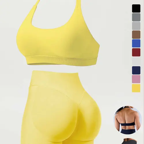 Women's High-Waisted Running Shorts Set, Stretchy Seamless Sports Bra with Removable Pads, Plain Tight-Fit Gym for All Seasons, Fitness Outfits, Sport Activewear, Seamless Sportswear, Exercise Clothing Set, Fitted Sportswear Set