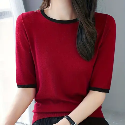 Women's Fashionable Minimalist Loose-Fitting Knit Sweater, Round Neck, Thin Lightweight Layering Top, Stylish Half-Sleeve Pullover, Versatile Casual Wear, Elegant Casual Knitwear, Womenswear Knitwear, Fashion Knit Clothing, Knit Sweater Sleeves