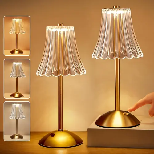 Vintage LED Bedside Lamp Dimmable Rechargeable Table Lamp for Bedroom Living Room Waterproof Retro Night Light Home Decor Iron Base PMMA Crystal Shade USB-C 5V/1A Touch Control 3000K/4000K/6000K Adjustable Lighting