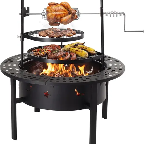ROVSUN Upgrated 33'' Outdoor Fire Pit with 2 Grills, Grill with Side Shelves, Wood Burning Round Firepit with Swivel Cooking Grate, Removable Swivel Grill for Backyard, Patio, Picnic, BBQ and Parties