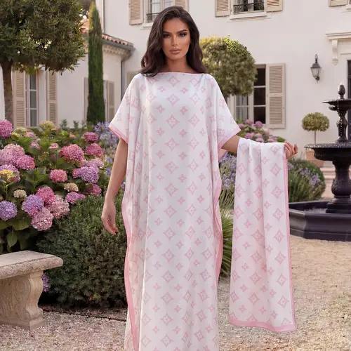 Women's Elegant Striped Robe Set, Full-Print Long Dress with Matching Headscarf, Beach Sun-Protection Summer Satin Silk Shawl