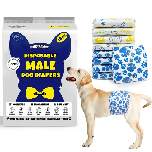 Dono Disposable Male Dog Diapers - Leak-Proof Belly Wraps with Wetness Indicator, Rapid-Dry Gel Tech, Puppy Pads, Fast Absorption, for Excitable Urination, XS-L Sizes, 2 or 6 Bags, Blue Paw & Cute Cartoon Design