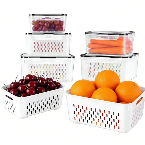 10 Pcs Large Fruit Containers for Fridge, Stackable Food Storage Containers with Removable Colander, BPA-Free, Airtight Storage Container to Keep Fruits, Vegetables, Berry, Meat Fresh longer