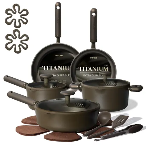 [Official] CAROTE Titanium 17pcs Fantigue Titanium Cookware Set Pots and Pans Set Nonstick, All Stovetops Compatible