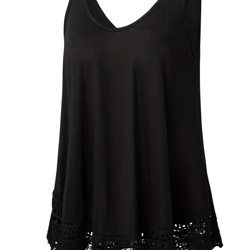 [Plus Size] Solid Color Basic Lace Trim Loose Tank Dress, Casual Sleeveless Elegance Aesthetic Dress for Party Holiday Vacation, Women's Clothes for Spring & Fall, Casual Wear, Summer, Camisole Lace Dress