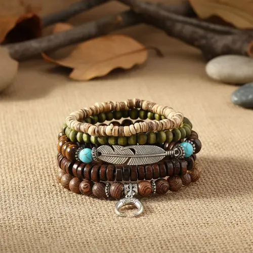 5-Piece Boho Style Layered Bracelet Set, Simple Fashion Wooden Bead Bracelets, Feather Design Jewelry Gift for Girlfriend Boyfriend Holiday Christmas, Beaded Bracelets, Fashionable Jewelry, Beaded Bracelet Sets