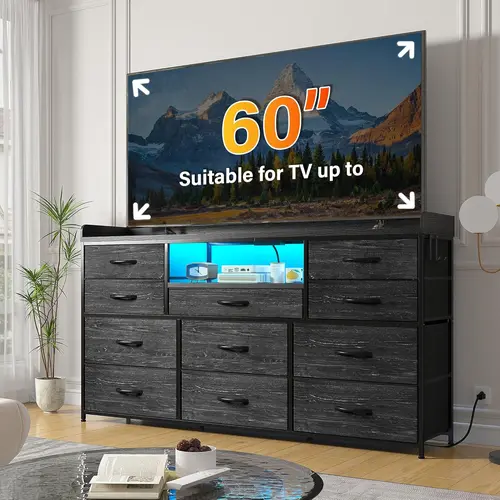 Raybee 11 Drawer Smart LED Dresser, with Charging Station, Power Outlets, LED Lights & Shelves, Modern Storage Cabinet for Bedroom/Hallway, TV Stand for 32-55 inch TVs, Easy 10-min Assembly, Includes 4 Hooks