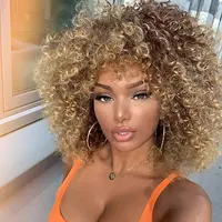 Xinran Synthetic 14-inch blonde curly wig, brown mixed Gold Afro wig for Black women Heat resistant for everyday wear (brown to gold)