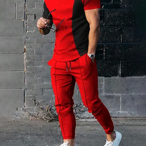 Men's Colorblock Patchwork Crewneck Tee & Plain Sweatpants Set, Short Sleeve T-shirt & Drawstring Waist Pocket Jogger Pants, National Day Clothing, Men's Summer Outfits, Casual Trousers & Top, Matching Outfits Set