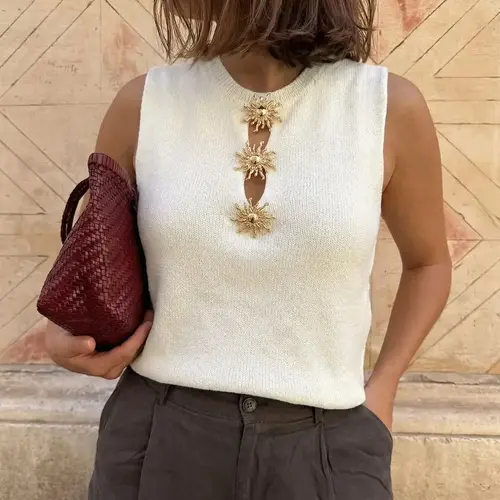 Women's Round Neck Plain Slim Fit Knitted Vest with Sun-Embossed Metal Buttons, an Everyday Boho Casual Style Sleeveless Top for Comfortable & Stylish Daily Wear.