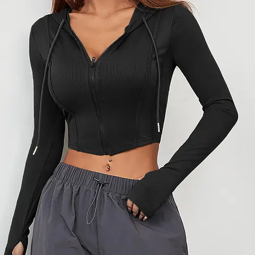 Women's Solid Zip Up Ribbed Crop, Sporty Long Sleeve Drawstring Hooded Top Casual Workout Tops for Summer, Ladies Sportswear for Indoor Outdoor Wear, Activewear Gym, Cropped Activewear