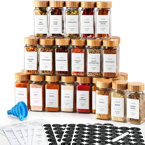 DWTS Danweitesi 36 Pcs Glass Spice Jars with Bamboo Lids & Labels, 4 Oz Spice Bottles, 180 Labels, Square Glass, Dishwasher Safe, Funnel & Chalk Pen Included