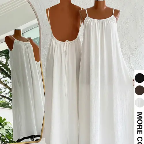 Plus Size Summer Cotton Linen Breathable Backless Strap Dress, Loose Vacation Long Dress, Beachwear Sundress, Casual Boho Bohemian Style