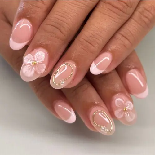 24pcs Short Oval Shape Nail Set, 3D Small Steel Beads, Flower French Design Nail Art, Autumn Winter Nails, Easy Wear Acrylic False Nails for Women and Girls, Nail Art Supplies