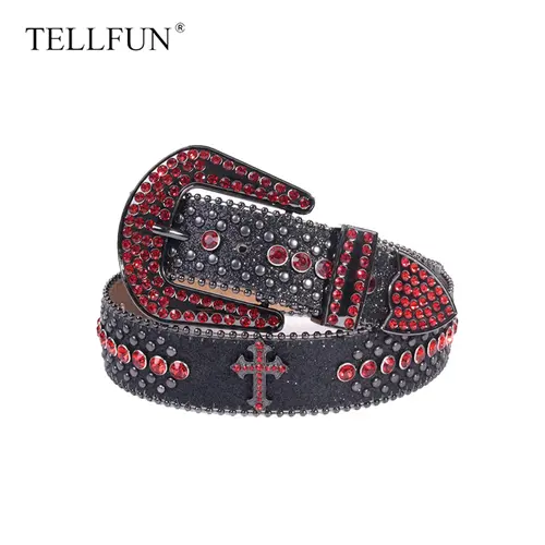 TELLFUN Unisex Rhinestone Waist Belt - Cross-Style Western Cowboy Studded PU Leather Belt for Jeans, Gothic Punk Rock Fashion Accessory