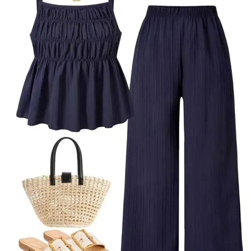 Casual Women Wrinkled Texture Tank Top & Wide Leg Pants Set, Daily Wear, Vacation, Sister Photos, Spring Summer Clothing