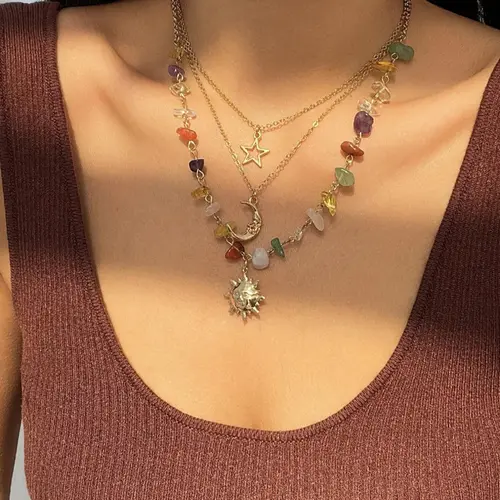 Women's Artificial Crystal & Star & Triple Moon Pendant Necklace, Decorative Necklace, Jewelry for Party, Jewelry for Gift, Statement Necklace, Stackable Necklace