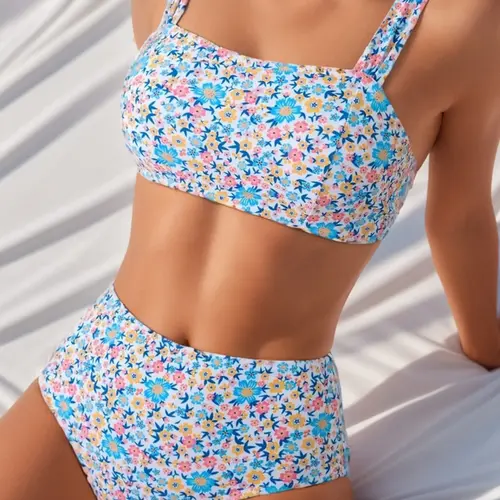 Summer Print Bikini Set, Girls Sleeveless Wireless Bra Top, High Waist Triangle Beach Shorts, Casual Ditsy Floral Swimsuit, Bathing Suit Set, Floral Print Swimwear, Swimsuit With Shorts #GLOBAL PICKS