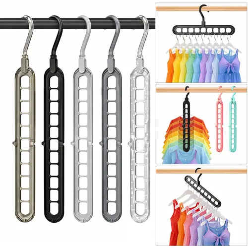 5-Pack Foldable High-Tenacity Durable Plastic Multifunctional Hangers - Home Organizers with 360-Degree Rotatable Hooks, 9 Anti-Slip Holes, Space-Saving for Dresses, Jackets, Jumpers, Dorm Room Closet Organization
