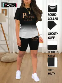Summer Round Neck Short Sleeve Ombre Print T-Shirt and Shorts Set, Casual Long Length Fitted Suit, Plain Surface, 88.2 G/m²