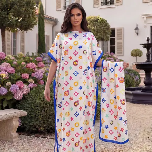 Elegant Casual Geometric Print Robe Set, Long Dress & Headscarf Scarf Hairband, Women's Summer Outdoor Beach Sun Protection Satin Shawl