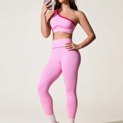 Women's Colorblock Two-Piece Set, One-Shoulder Bra & High-Waist Leggings, Breathable & Comfortable Fabric, Gym Outfits, Perfect for Yoga and Fitness, Fitness Clothing, Sportswear, Workout Sets, Activewear
