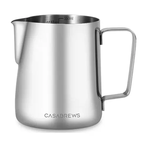 CASABREWS 12oz Milk Frothing Pitcher, 350ml Stainless Steel Milk Pitcher with Sharp Spout for Latte Art, Ergonomic Handle & Measurement Marks