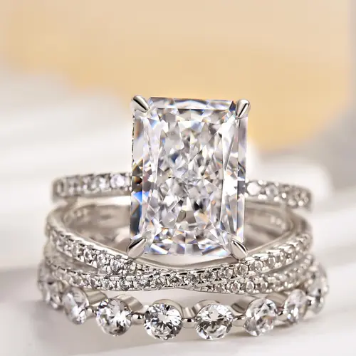 Effinny Elegant 4.5ct Radiant Cut 3PC Stackable Silver Wedding Ring Set, 5A Cubic Zirconia Engagement Rings for Women, Bridal Promise Anniversary Piece