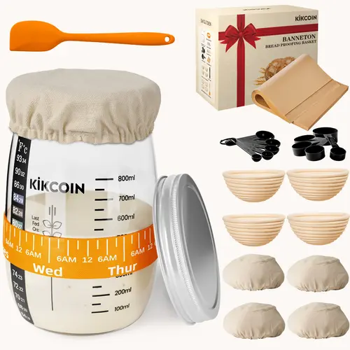Kikcoin [Hot Picks] 25Pcs Sourdough Starter Combo Set - 5'' Banneton*4, 35oz Wide Mouth Glass Fermenter*1, Food Storage Glass Jar, Proofing Basket, Spatula, Measuring Spoons, Feeding Tracker, Baking Supplies Kit