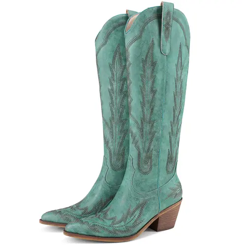 RONILURN Women's Western Cowgirl Boots - Embroidered Knee-High Fabric Shoes with Chunky Heel, Fringe - For Festival Wear, Cowboy Aesthetic, Country Girl Aesthetic, Western Boho, 90s Country, Shoes for Women