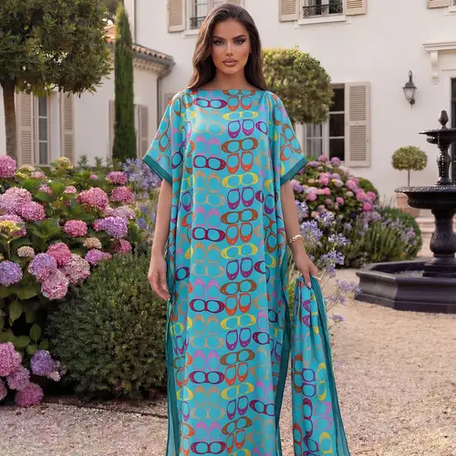 Elegant Geometric Print Robe Set, Hooded Shawl Dress + Headscarf Scarf, Women's Beach Sun Protection Wrap, Casual All Seasons