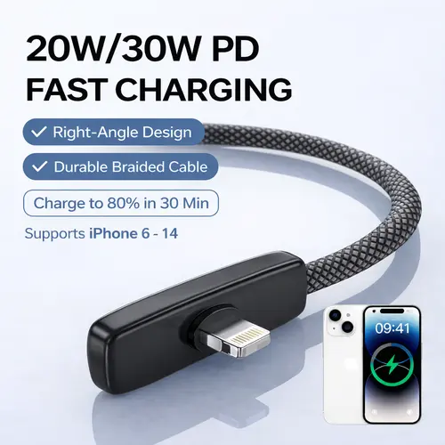 90° Right Angle Lightning Cable - Fast Charging Braided Connector for iPhone 5/6/7/8/X/11/11 Pro Max, No Hand Blocking Gaming Electronic Cable for Smartphones, Cellphones and Devices,back to school,back to school haul