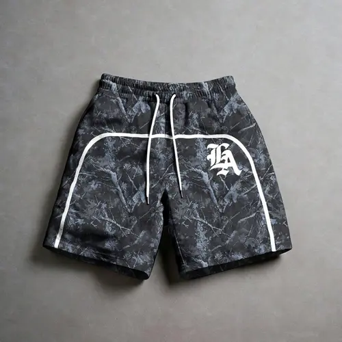 Men's LA Camo Print Drawstring Shorts, Stretch Knit Shorts, Street Style Casual Gym Shorts, Camouflage Sports Shorts, Comfortable Lightweight Design, Fitted Daily Wear, Streetwear Sports Shorts, Casual Comfy Shorts, Lightweight Summer Shorts