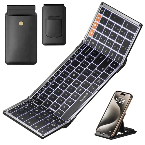 ProtoArc XK01 Plus Foldable Wireless Computer Keyboard - Rechargeable Backlight, PU Leather, Portable Bluetooth Keyboard for Work, Travel, iPad, Tablet, Smartphone, Laptop, PC