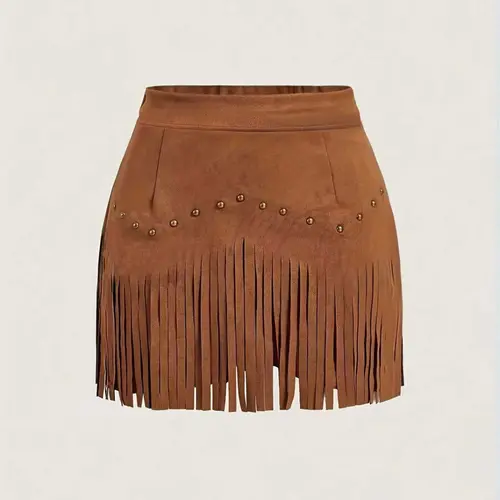 Women's Summer Vintage Rivet Fringe Soft Suede A-Line Skirt, High Waist Slim-Fitting Casual Elegant Streetwear Chic Boho Style, Versatile Solid Color Design, Bottom