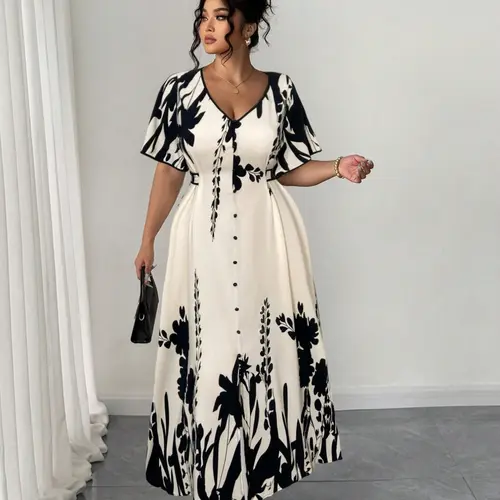 Elegant Chic Summer Plus Size Floral Print Dress, V Neck & Button Decor, Waist-Cinching A-Line Gown, Women's Fashion Clothing, Casual Wear, Womenswear