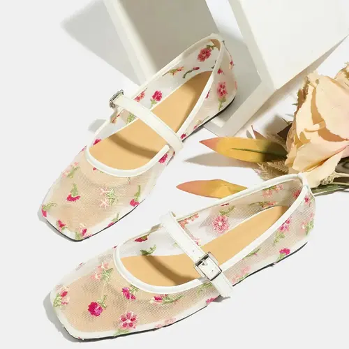 Women's Summer 2026 Mary Jane Shoes, Breathable Mesh Low Heel Ballet Flats, Fashionable Flats, Casual Outdoor Square Toe Dance Shoes