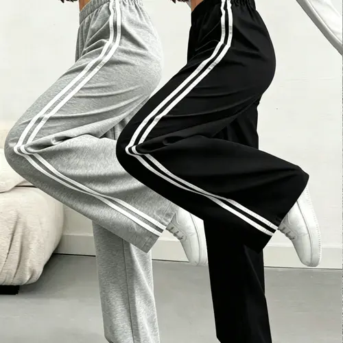 Women’s Spring/Summer Loose Straight-Leg Drawstring Casual Pants - Fashionable Solid Color Wide-Leg Sports Trousers for Everyday Wear and Street Style, Versatile Design with Adjustable Waist and Side Pockets - Womenswear