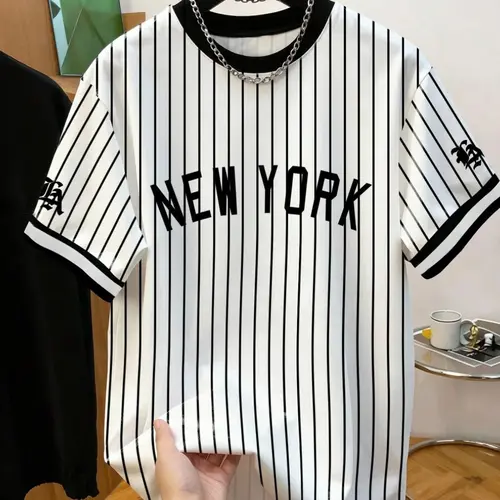 Men's Summer Striped Baseball T-Shirt, Athletic Fit Shirts, Athletic Tops, Athletic Streetwear, American Vintage Street Style Round Neck Short Sleeve, Casual Daily Wear Sportswear, Casual Fashion Sporty, Athletic Tee, Athletic Fitted Tee