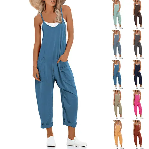 Molitree Women's Causal Jumpsuits V Neck Sleeveless Harem Overalls Stretchy Adjustable Strap Romper with Pockets Waistband Jumpsuit Casual