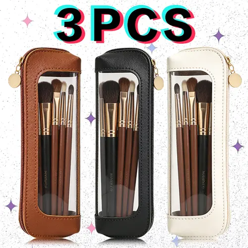 Portable Lightweight PVC Makeup Bag with Makeup Brushes - Multi-Functional Zipper Pouch, Smooth Single Item Organizer for Travel & Stationery Storage, Trendy Girls' Beauty Tool Essential