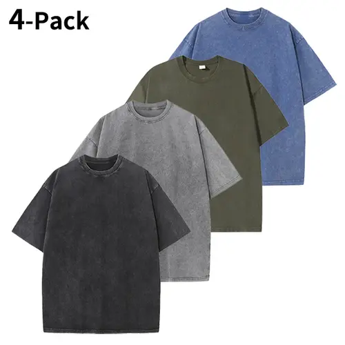 3 & 4 Pack Oversized Unisex Vintage Acid Wash T-Shirts, Heavyweight Cotton Baggy Gym Street Casual Tees, Multiple Colors