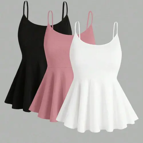Women's Plus Size 3 Pack Peplum Cami Tops Camisole Shirts Spaghetti Strap Flared Hem Tank Tops Tummy Control Fitted Flowy Summer Shirts Casual Chic Sleeveless Daily Outfits Clean Girl Aesthetic Feminine Basics Pack Spring Womenswear Casual Comfy Cami
