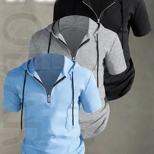 3pcs Men's Casual Hooded Short Sleeve Tops, Casual Comfy Fashion Fitted Hoodie, Menswear, Half zipper design, Drawstring design, Soft and comfortable fabric, Durable and practical, Suitable for everyday wear and sports